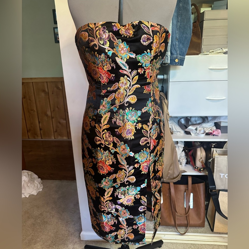 Floral Strapless Dress - Black with Multicolor Embroidery